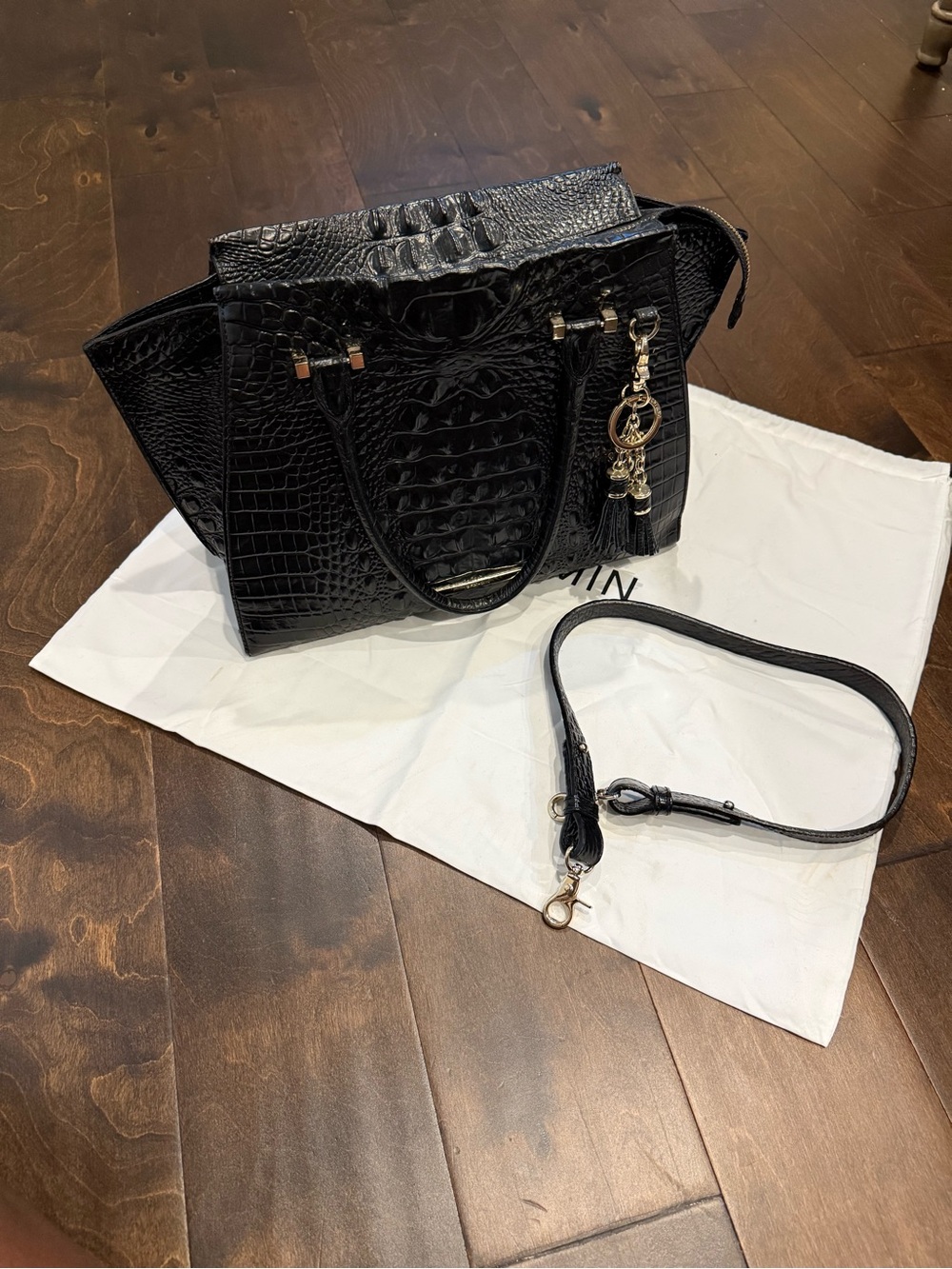 Brahmin Black Croc-Embossed Satchel with Charm